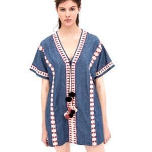 Zara embroidered denim chambray festival plunging tassel mini dress size small